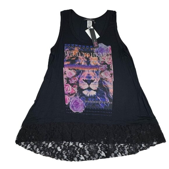 NWT HIP Black Graphic Tee T-Shirt Sz. L Sleeveless Lace Flowers Lion Goth - Picture 1 of 11